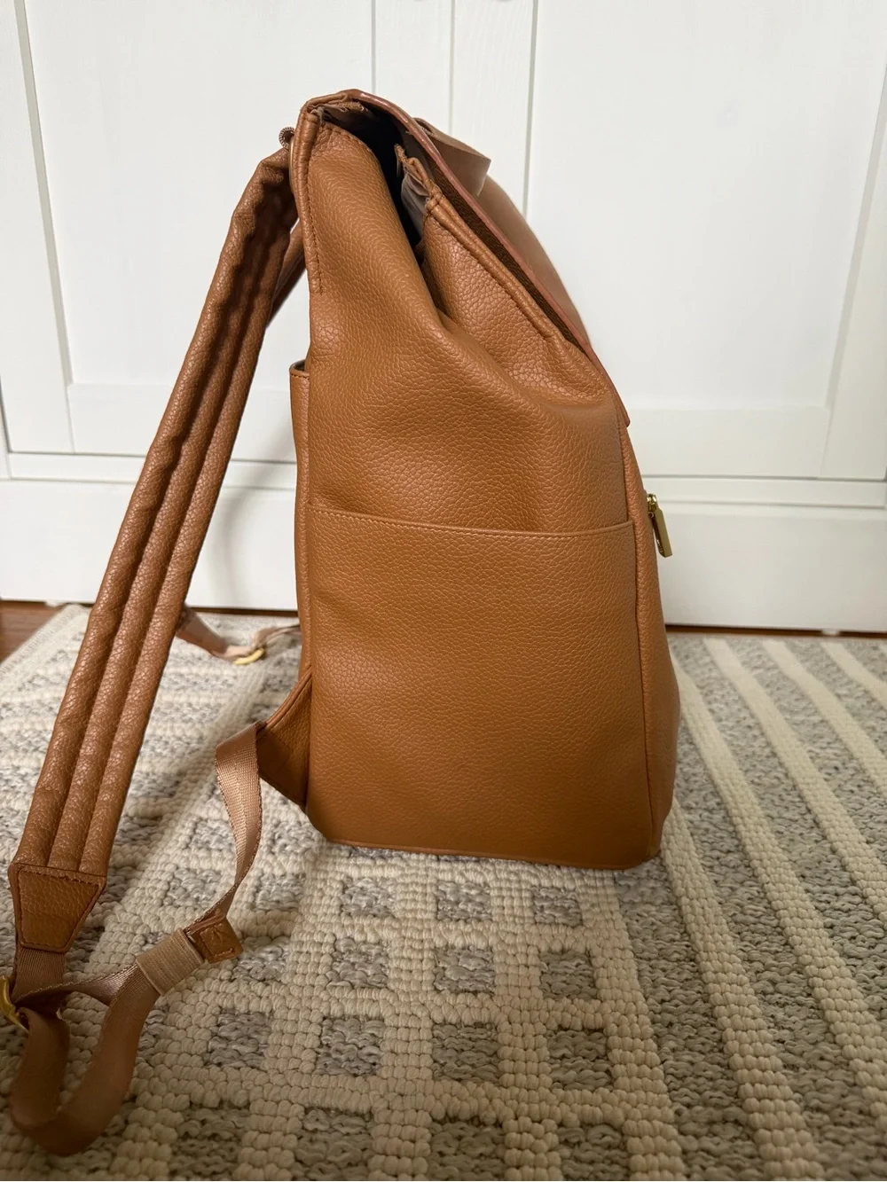 Freshly Picked Tan Leatherette Backpack Diaper Bag with Gold Hardware